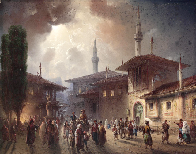 Carlo Bossoli, Pohled na chánův palác v Bachčisaraji na Krymském poloostrově, 1857. Zdroj: https://artvee.com/dl/the-khans-palace-in-bakhchisarai-crimea/ 